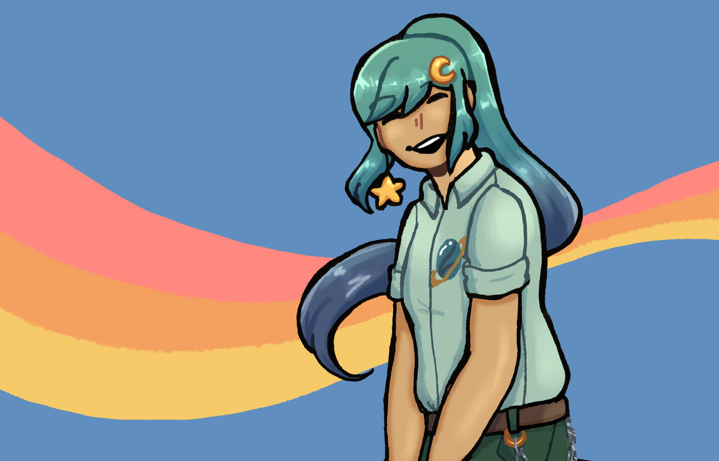 Girl with teal-blue hair smiling, she has a star earring and a moon hairclip and is wearing a mint button up with a planet patch.